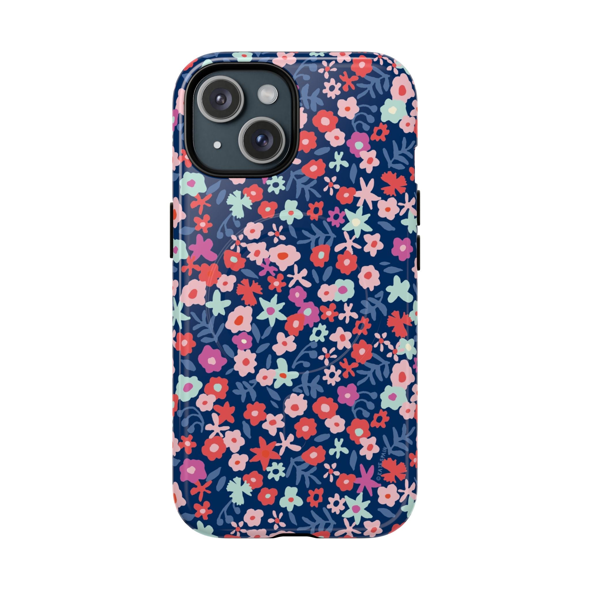 Primrose MagSafe iPhone 15 Case – Glossy | navy, pink, white ditsy floral print