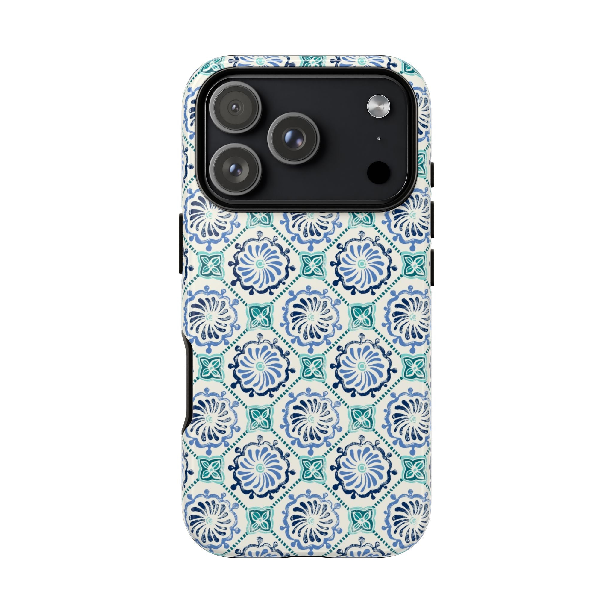Horizon Blue Tile Tough iPhone 17 Pro Case – Glossy | blue, turquoise, cream white dual-layer protection
