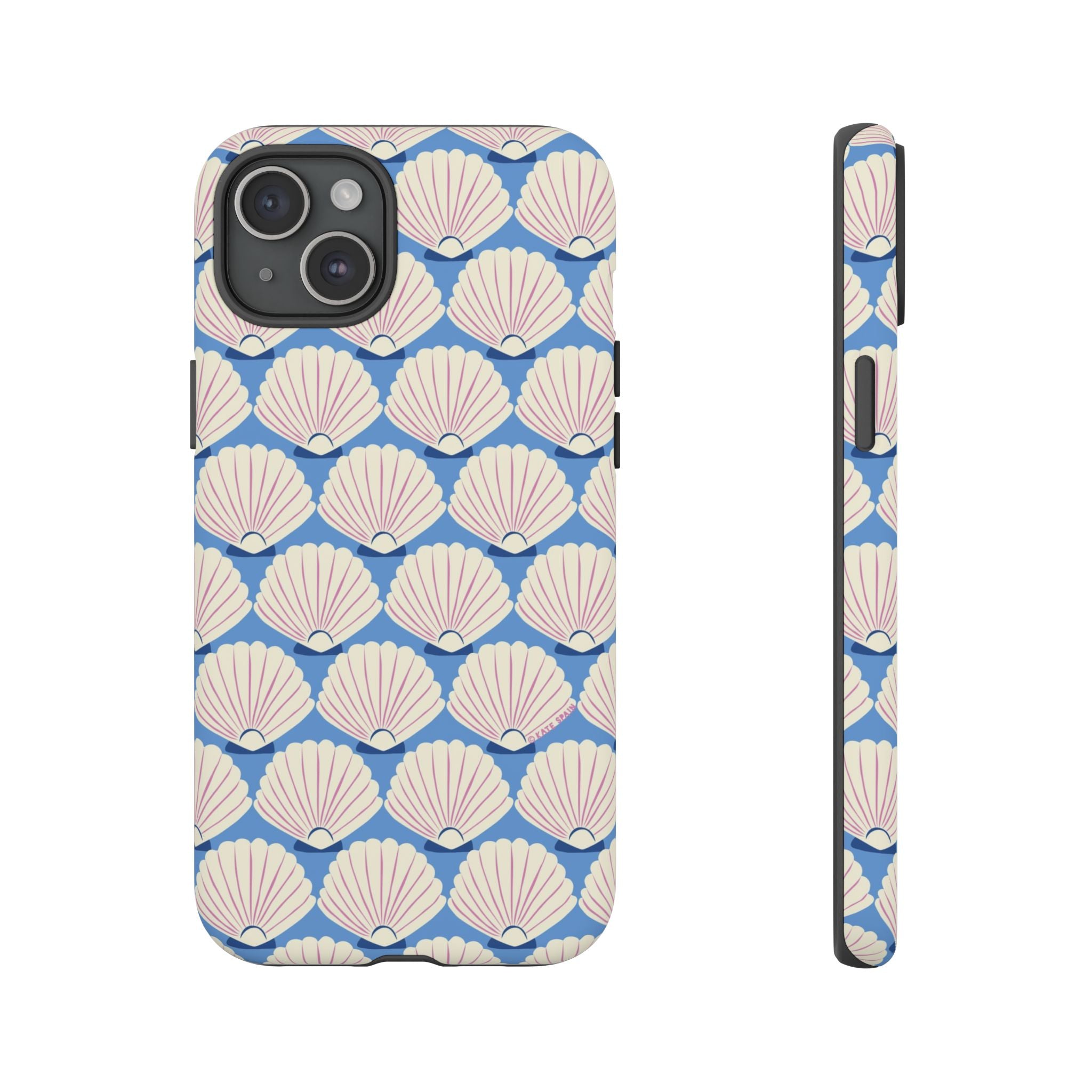 Seashells Tough iPhone 15 Plus Case – Matte | periwinkle, cream, blush scallop shell print