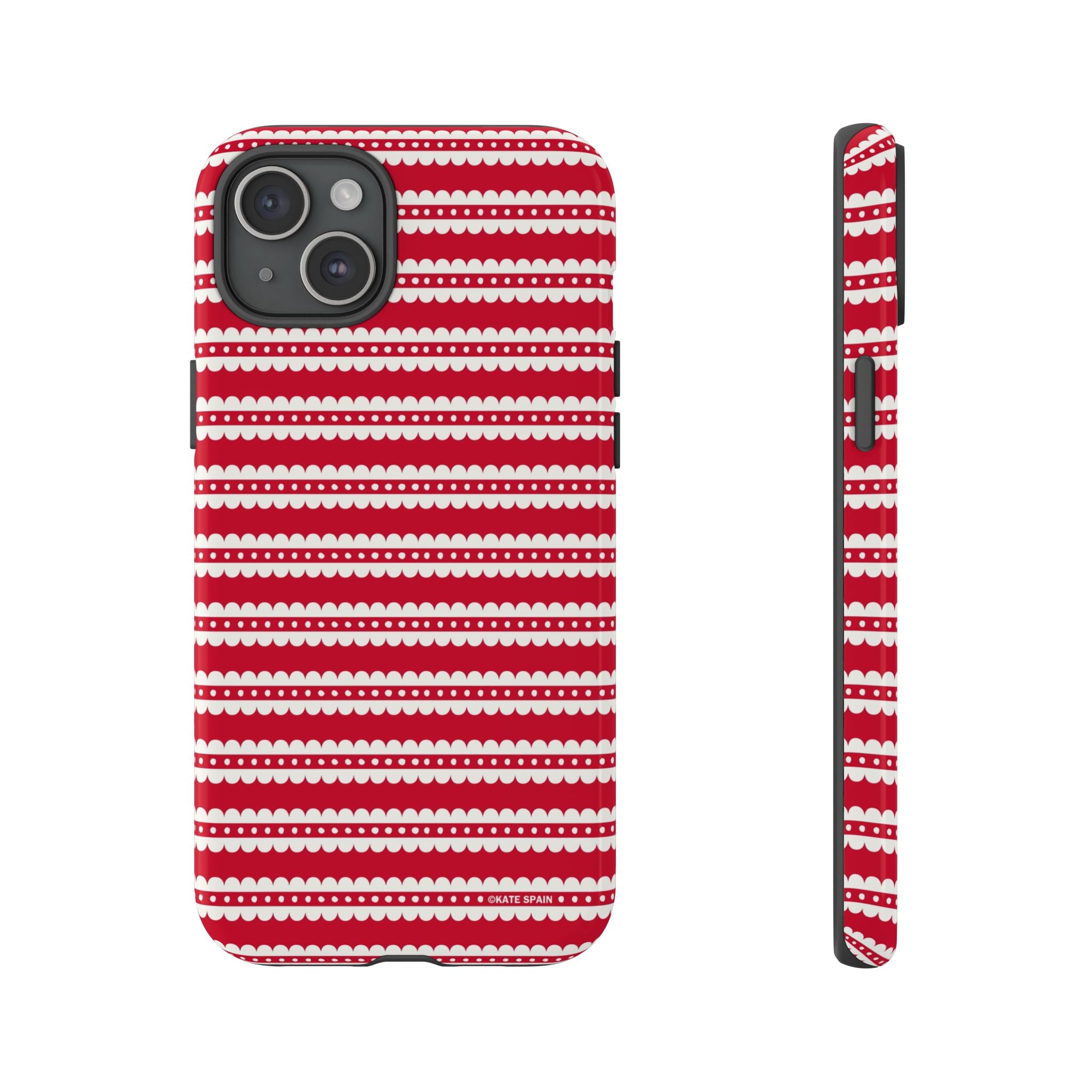 Candy Cane Stripe Tough iPhone 15 Plus Case – Glossy | red, cream scalloped candy cane stripe print