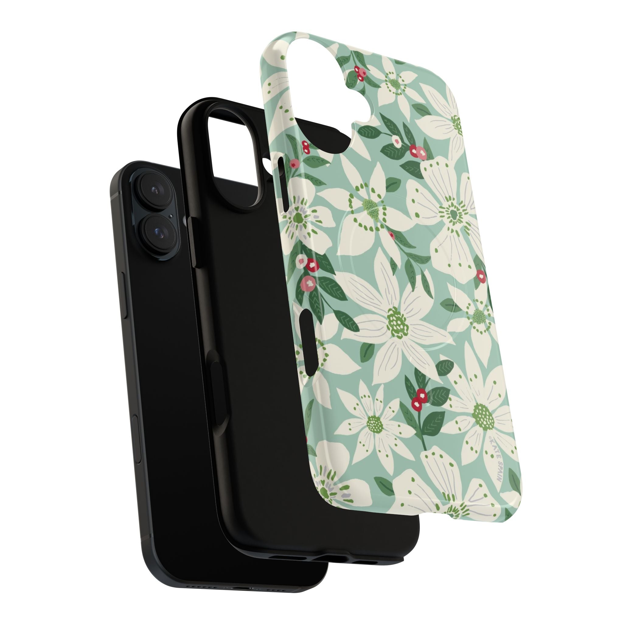 Gardenia MagSafe iPhone 17 Case – Dual-layered view of case and inner lining in front of phone, with view of camera cutout and buttons | light blue, white, green, red gardenia botanical print