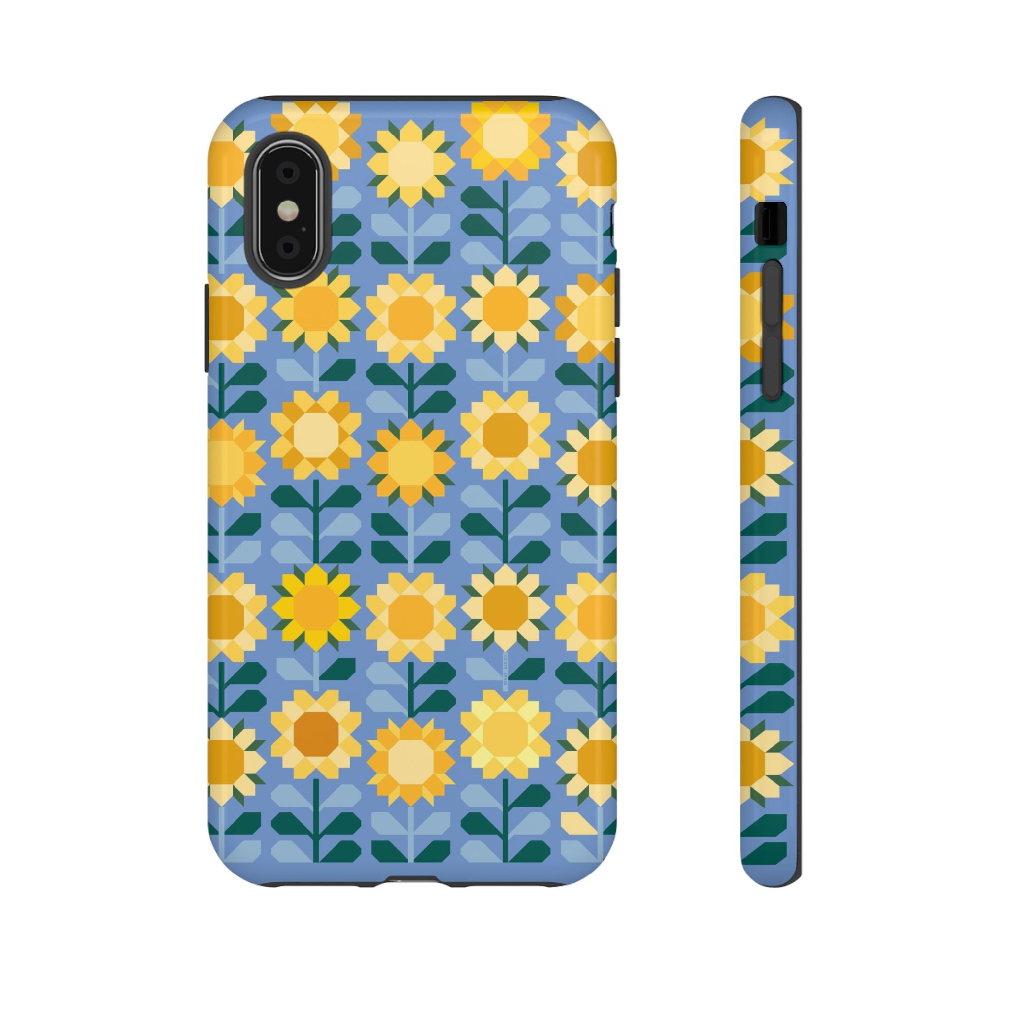 Sunflowers Tough iPhone XS Case – Glossy | blue, yellow, gold geometric sunflower print