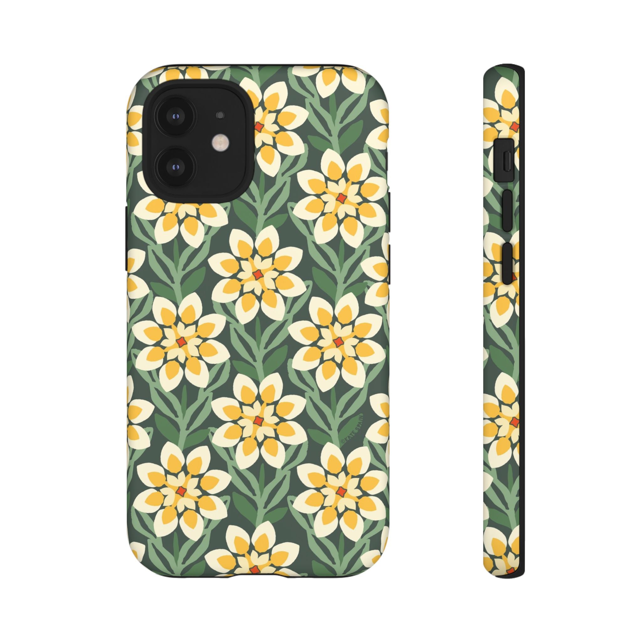 Designer Modern Dahlia Tough iPhone 12 Mini Case – Matte | yellow, cream, green dahlia floral print