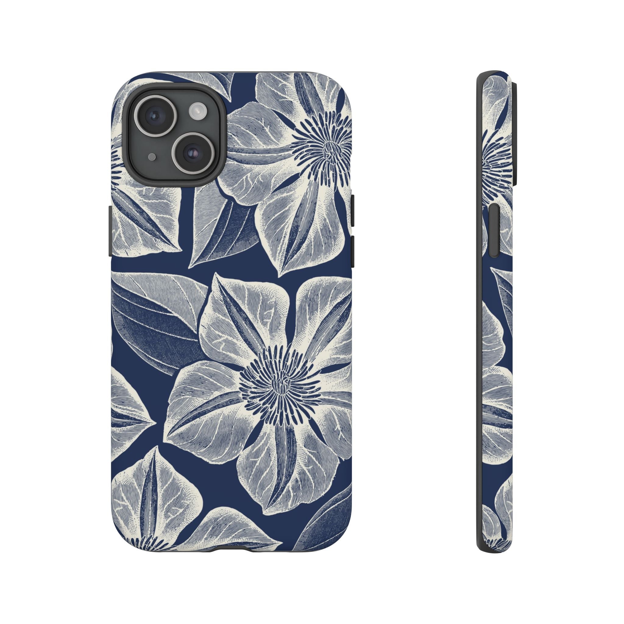 Vintage Bloom Navy iPhone 15 Plus case – Matte | navy ground, large-scale cream clematis print, engraved petal detail, dual-layer protection