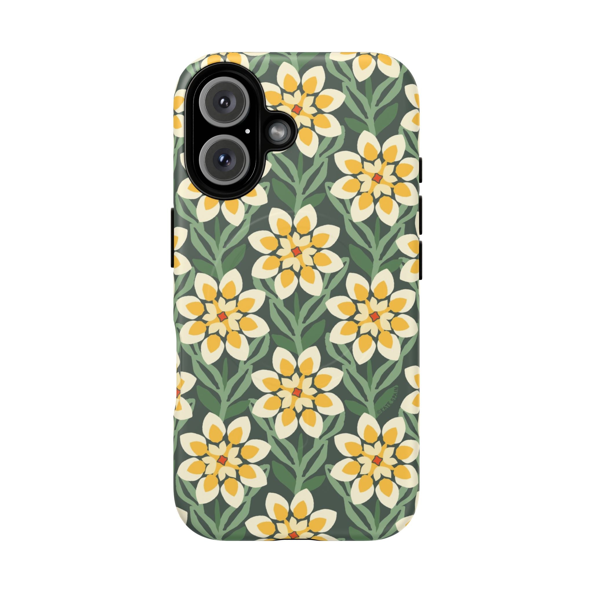 Designer Modern Dahlia MagSafe iPhone 16 Case – Glossy | yellow, cream, green dahlia floral print