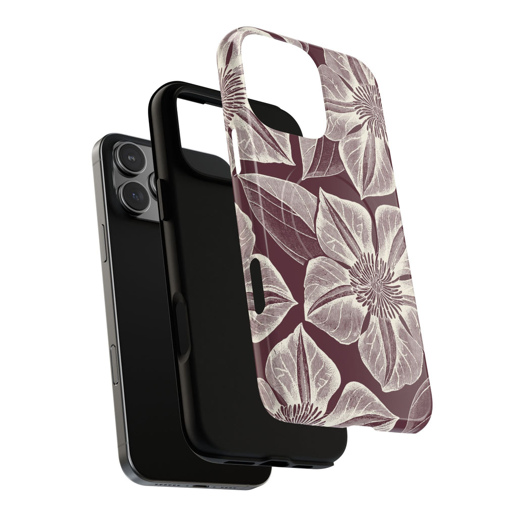 Vintage Bloom Burgundy MagSafe iPhone 17 Case – Glossy | burgundy ground, large-scale cream clematis print, engraved petal detail | dual-layered view of case and inner lining in front of phone, with view of camera cutout and buttons