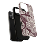 Vintage Bloom Burgundy MagSafe iPhone 17 Case – Glossy | burgundy ground, large-scale cream clematis print, engraved petal detail | dual-layered view of case and inner lining in front of phone, with view of camera cutout and buttons