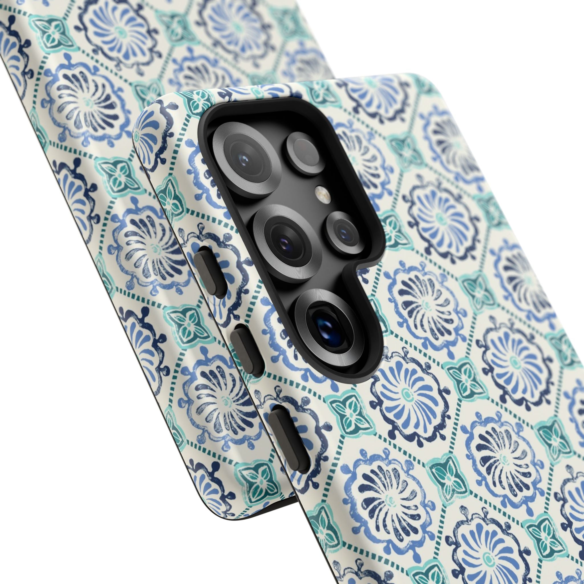 Horizon Blue Tile Samsung Galaxy S26 Ultra Case – Glossy two cases showing ports, camera cutout, and buttons | blue, turquoise, cream white dual-layer protection