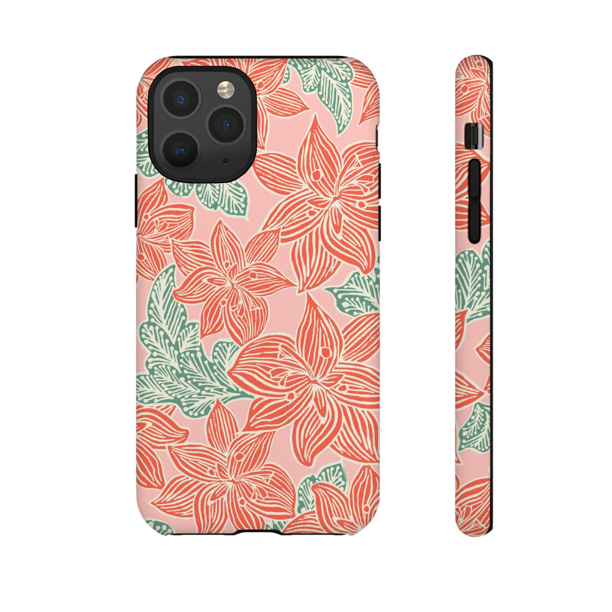Hibiscus Coral iPhone 11 Pro Matte Case — blush pink hard case with large-scale coral red hibiscus flowers and teal-green leaves in a bold botanical linework print, densely layered across the surface