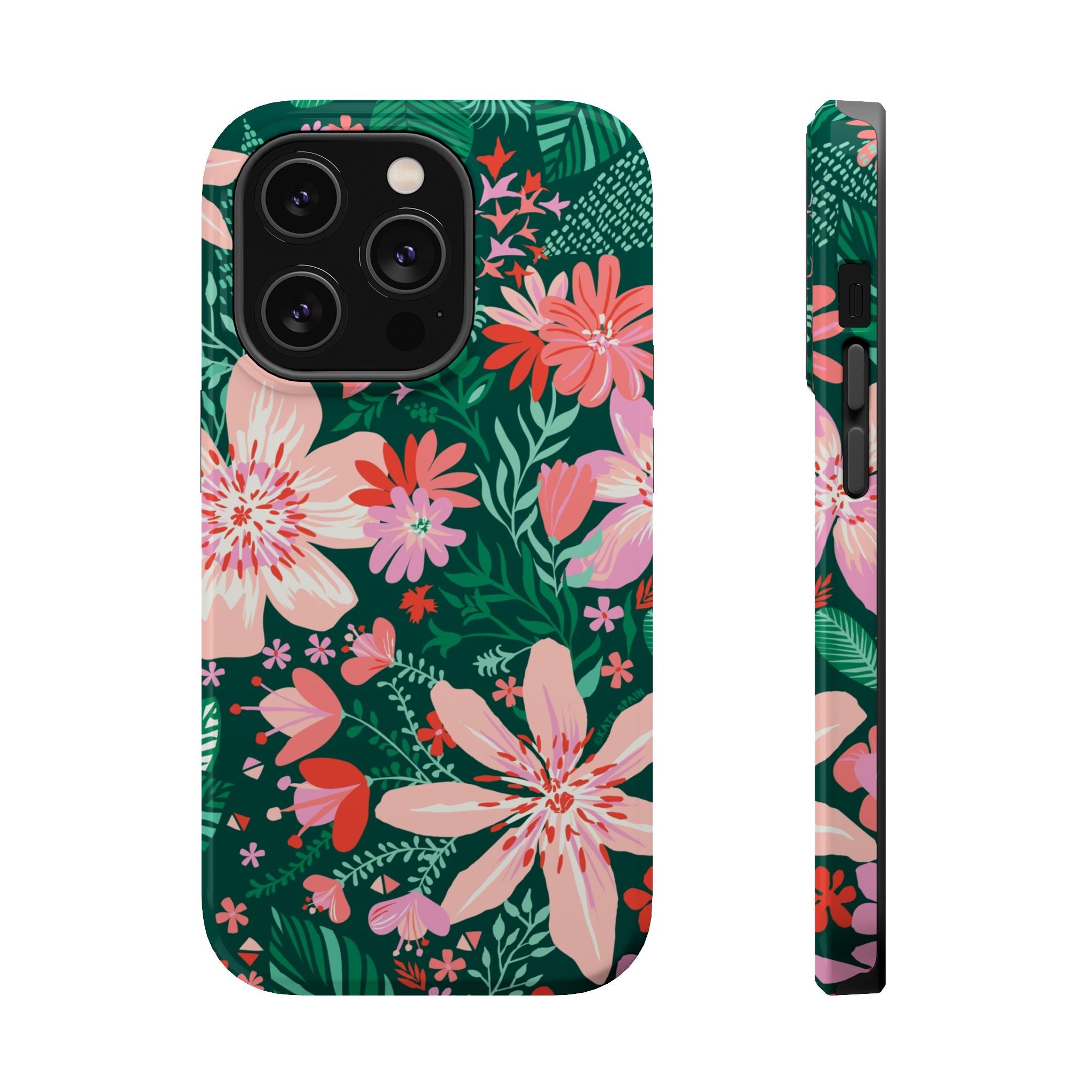 Bonaire MagSafe iPhone 14 Pro Case – Glossy | forest green, blush, coral tropical floral print