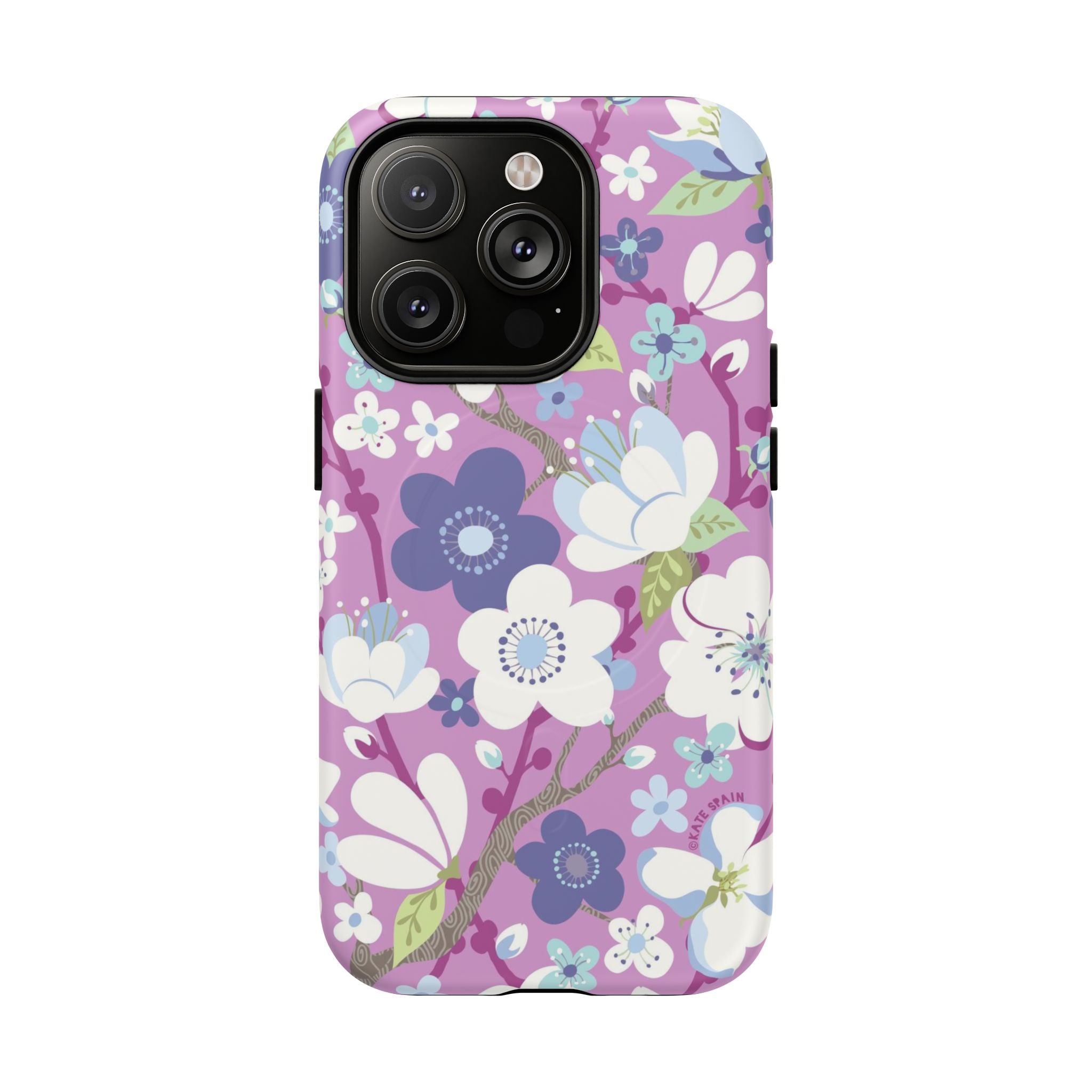 Purple Cherry Blossom MagSafe iPhone 14 Pro Case – Matte | mauve, purple, blue, white cherry blossom print
