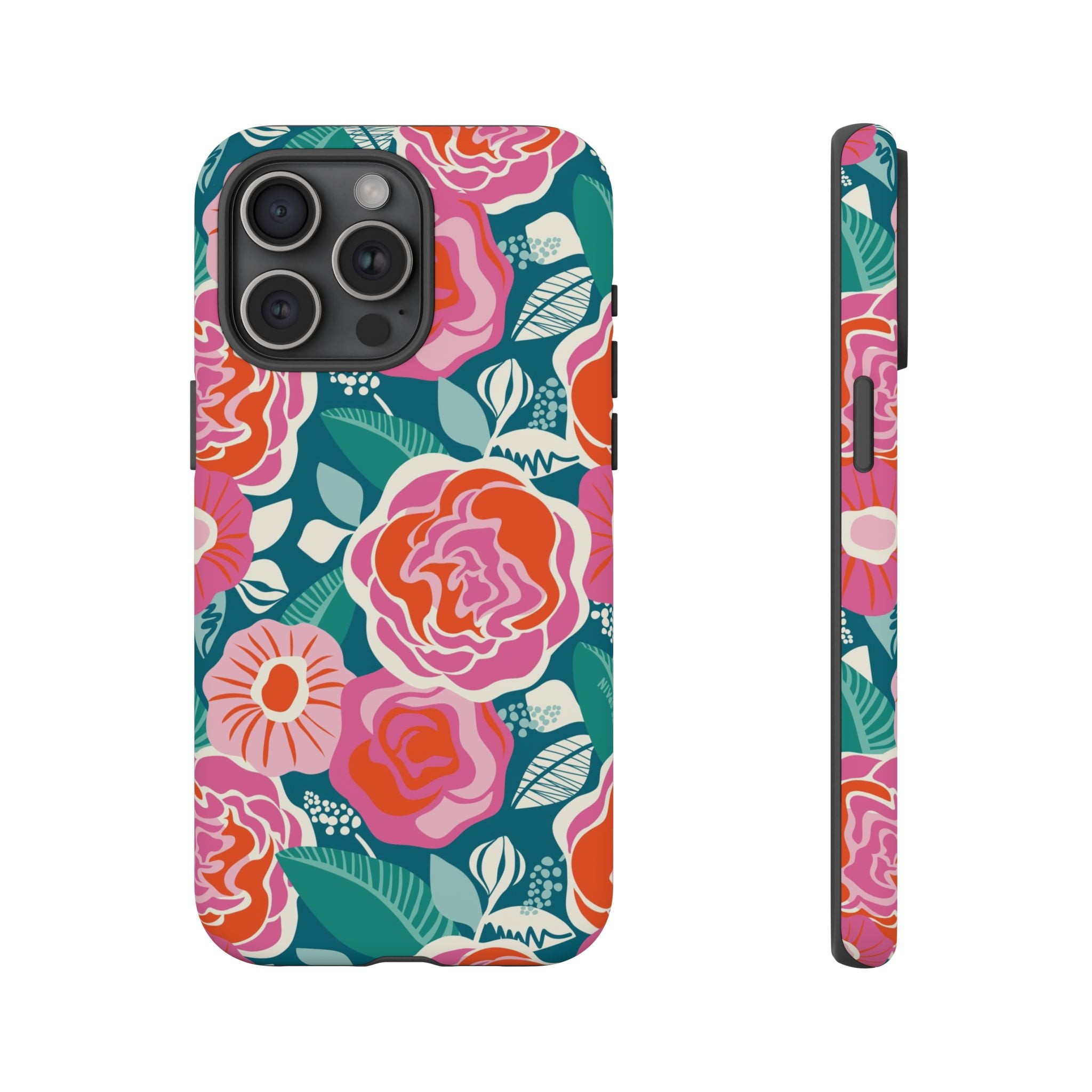 Tea Rose Teal Tough iPhone 15 Pro Max Case – Matte | teal, coral, pink botanical rose floral print