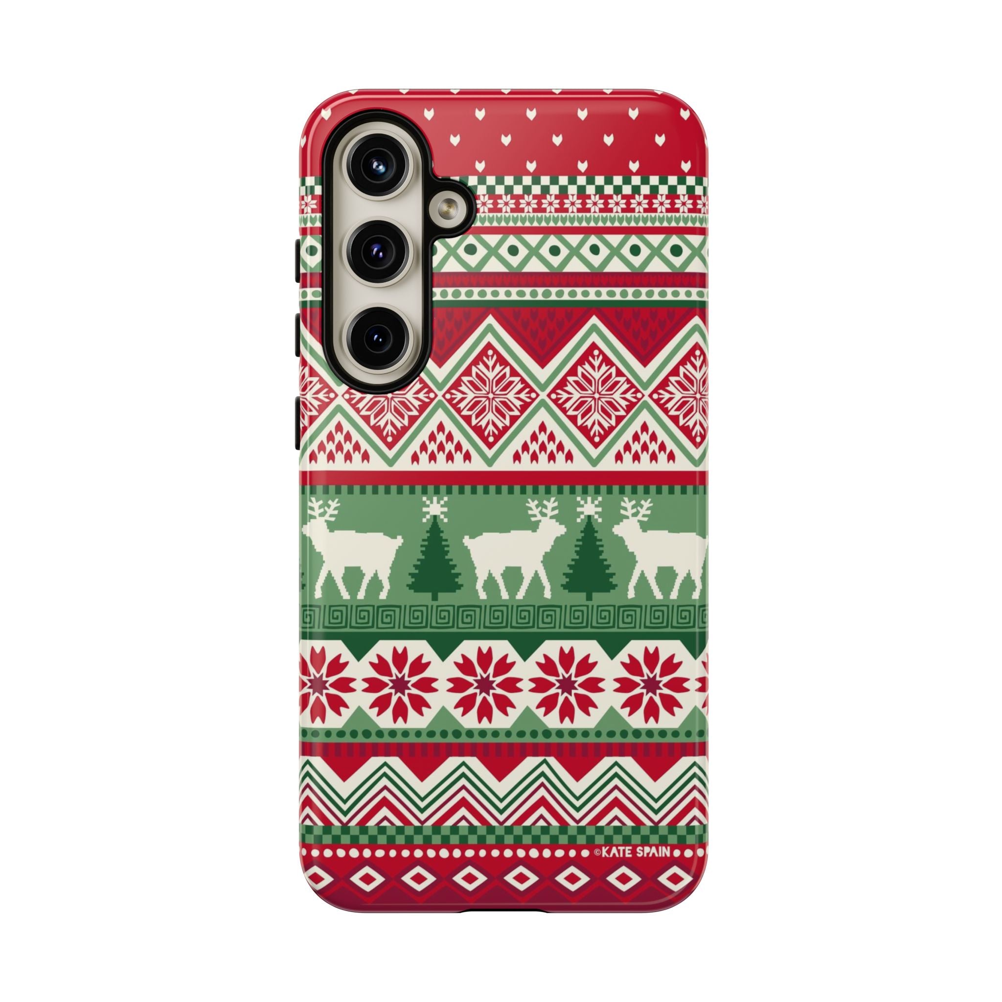Luxury Telemark Samsung Galaxy S24 Plus Case – Glossy | red, green, cream Nordic fair isle reindeer print