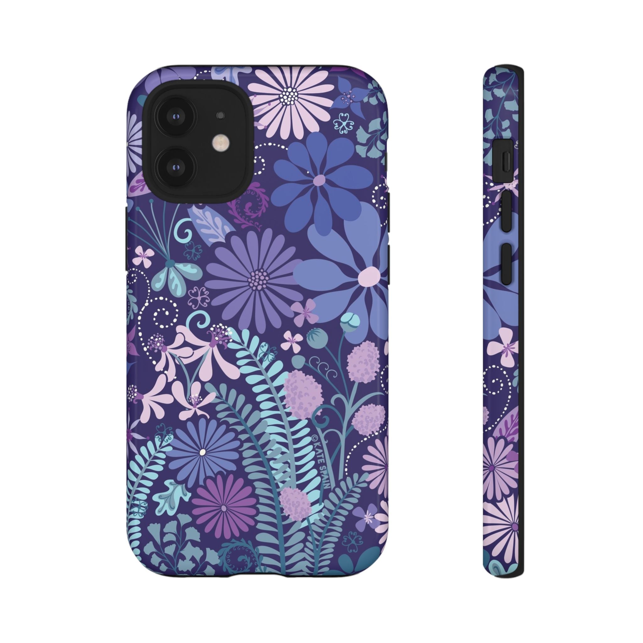 Luxury Terrain Tough iPhone 12 Mini Case – Glossy | navy, purple, aqua botanical woodland floral print