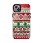 Telemark MagSafe iPhone 14 Plus Case – Glossy | red, green, and cream fair isle Christmas sweater print with snowflakes, reindeer, and trees
