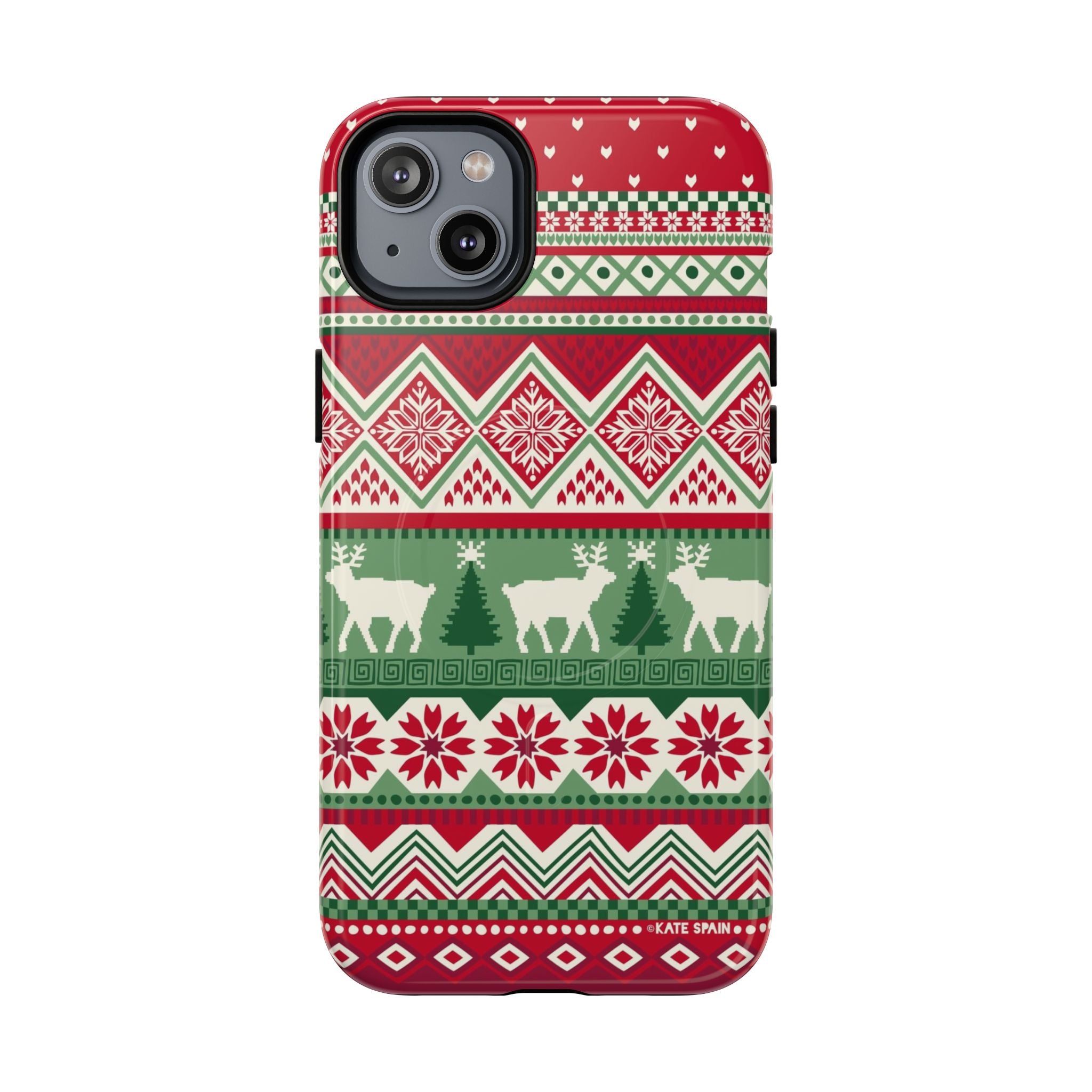 Telemark MagSafe iPhone 14 Plus Case – Glossy | red, green, and cream fair isle Christmas sweater print with snowflakes, reindeer, and trees