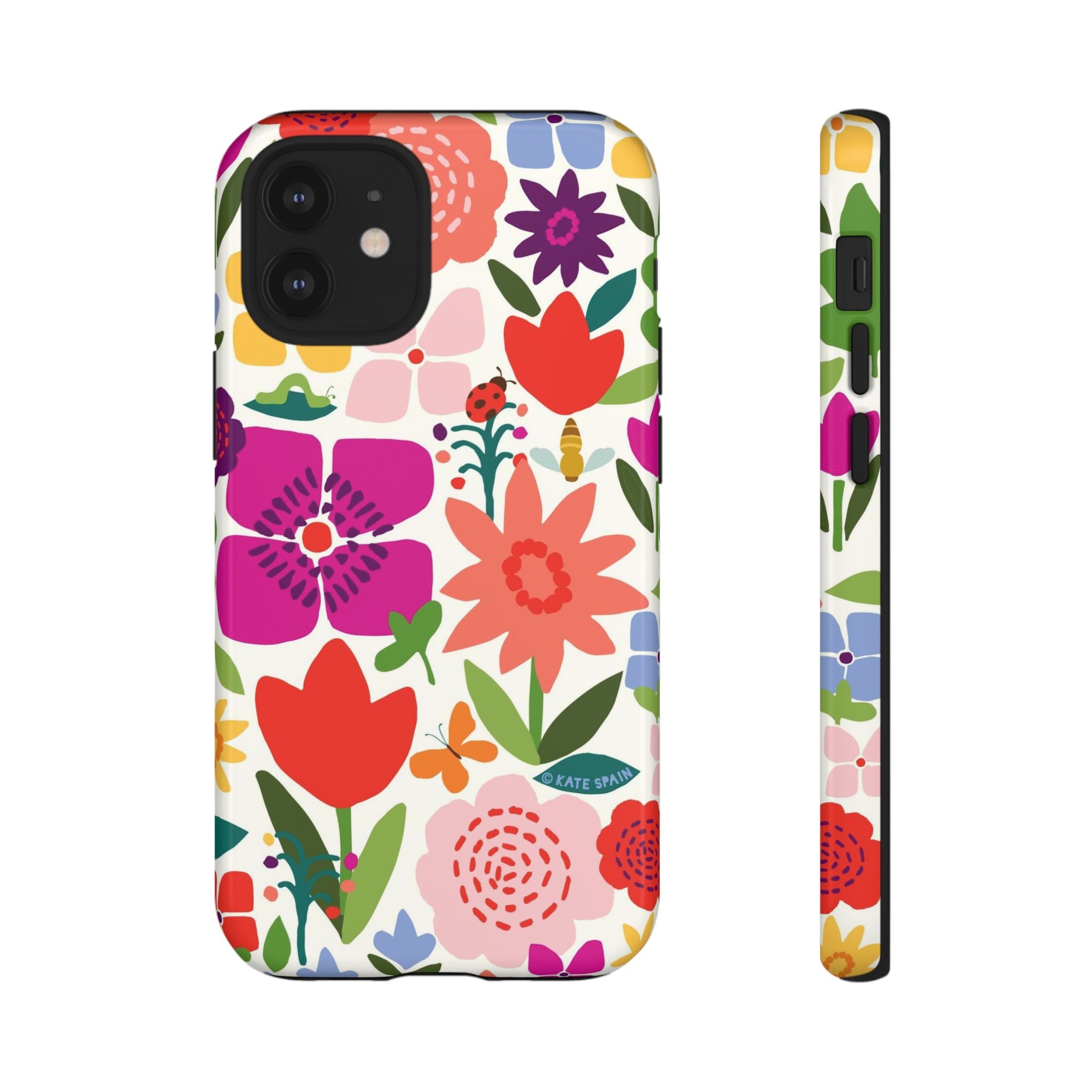 Happy Blooms Tough iPhone 12 Mini Case – Glossy | cream, red, magenta, coral botanical floral print