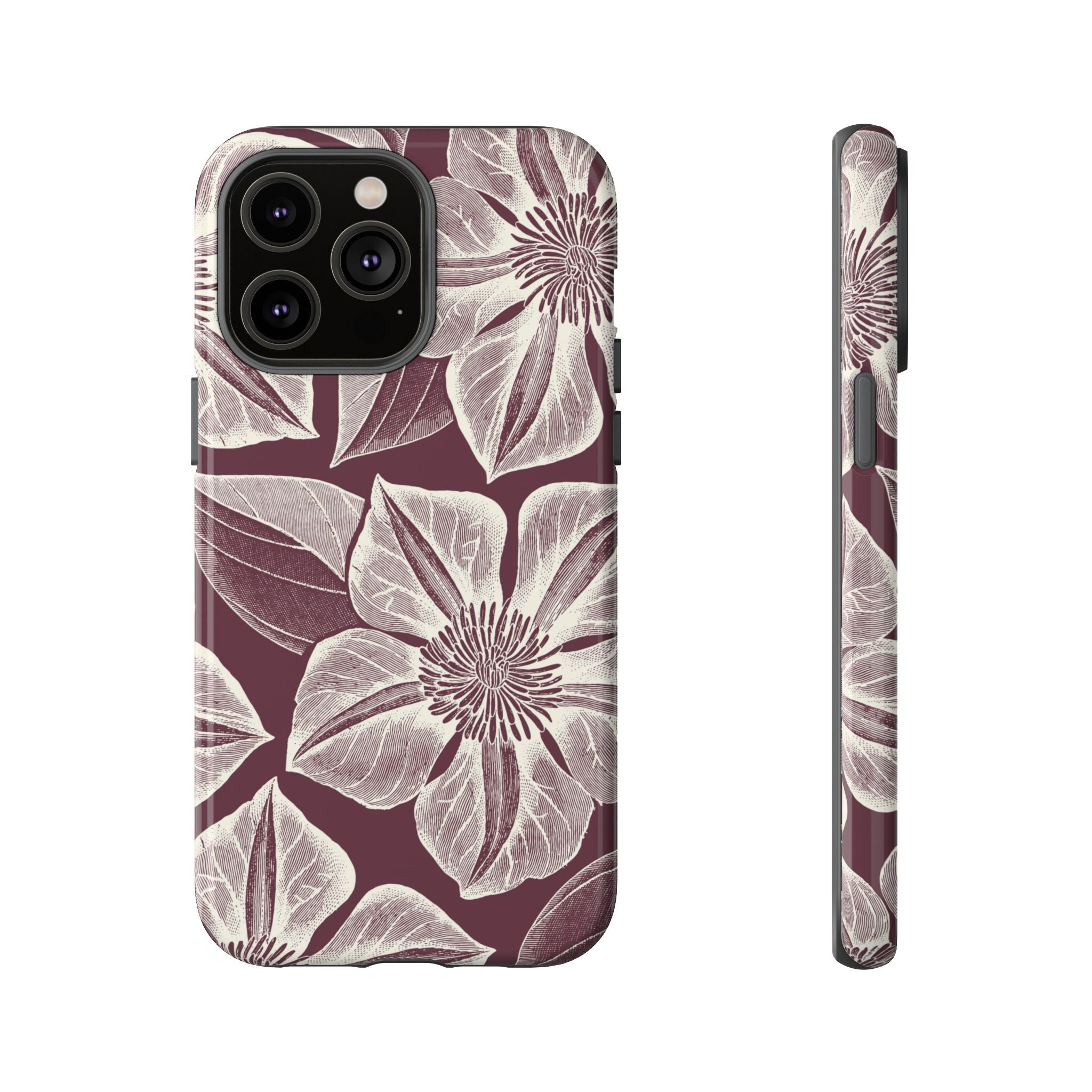 Vintage Bloom Burgundy iPhone 14 Pro Max case – Glossy | burgundy ground, large-scale cream clematis print, engraved petal detail, dual-layer protection