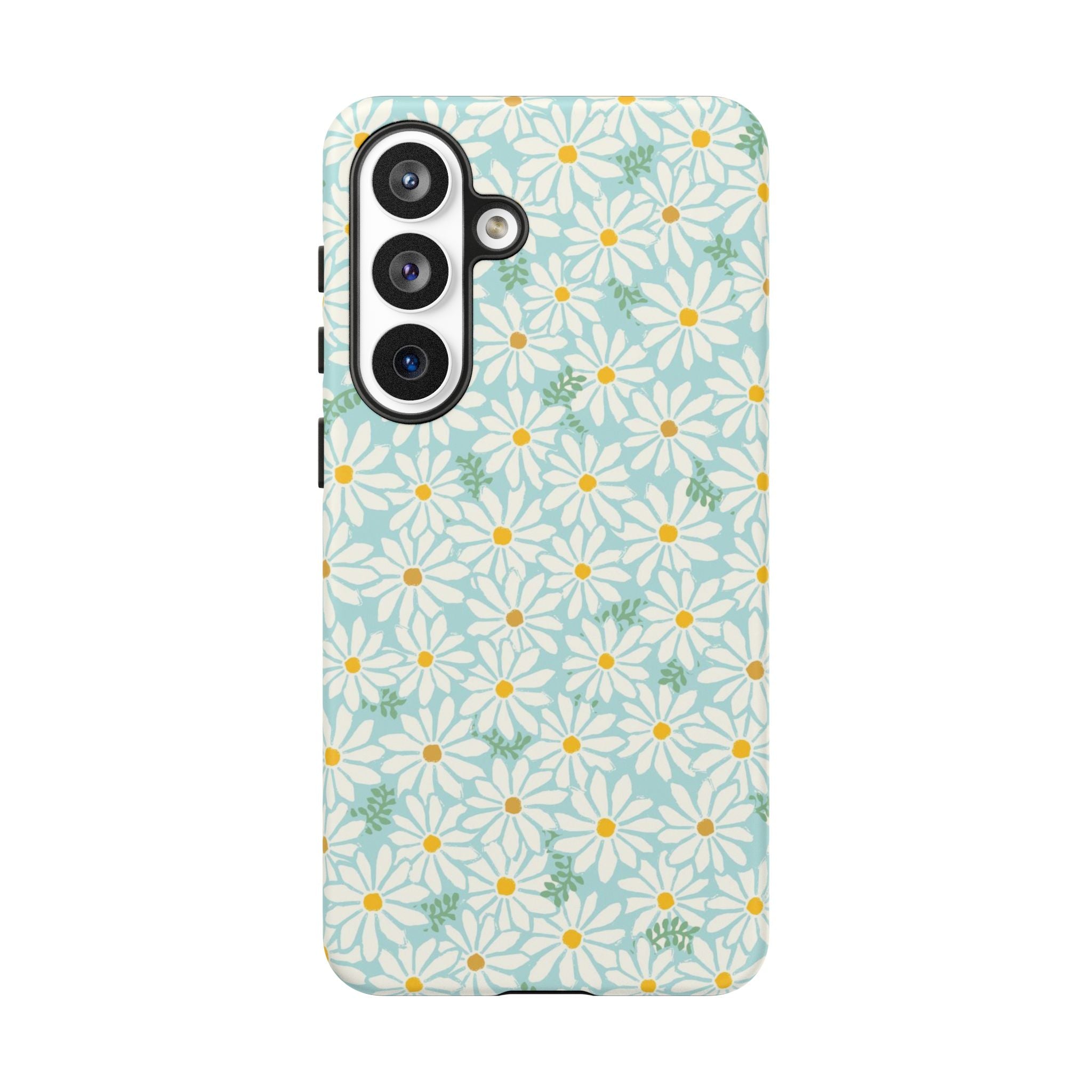 Daisies Samsung Galaxy S26 Plus Case – Matte | sky blue, white daisy print, golden yellow centers, mint green leaves dual-layer protection