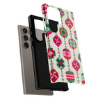 Felicity Ornaments Samsung S24 Ultra Case – dual-layer construction of case in cream, red, pink, green, mint geometric quilted ornament print