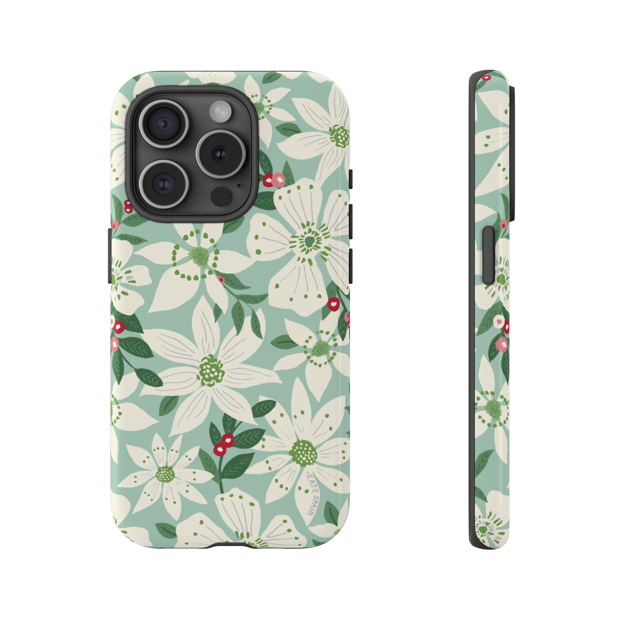 Gardenia Tough iPhone 15 Pro Case – Glossy | light blue, white, green, red gardenia botanical print