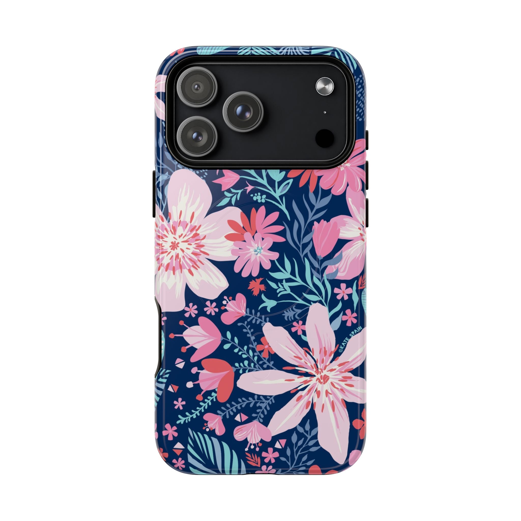 Bonaire MagSafe iPhone 17 Pro Max Case – Glossy | navy, pink, white tropical floral botanical print