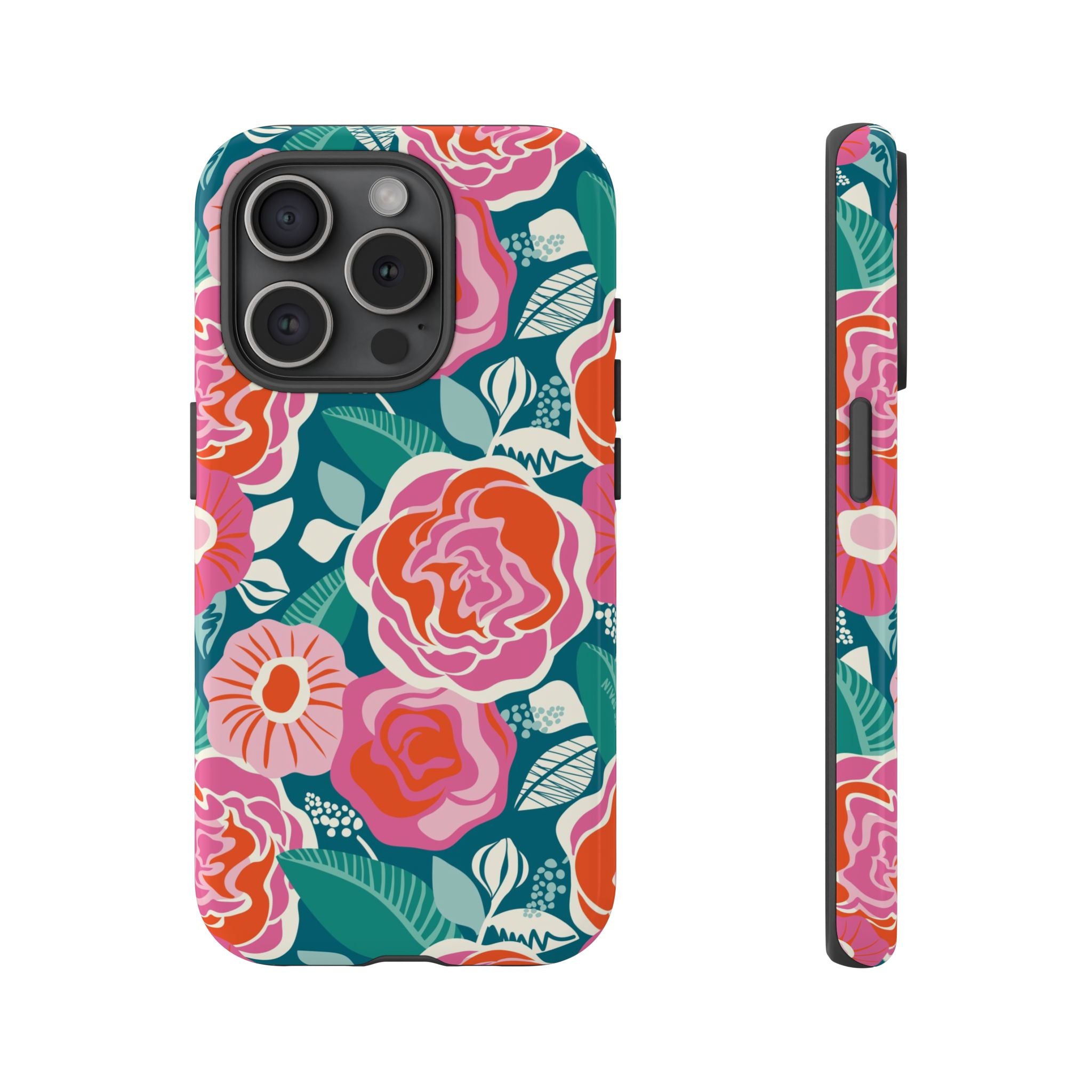 Tea Rose Teal Tough iPhone 15 Pro Case – Glossy | teal, coral, pink botanical rose floral print
