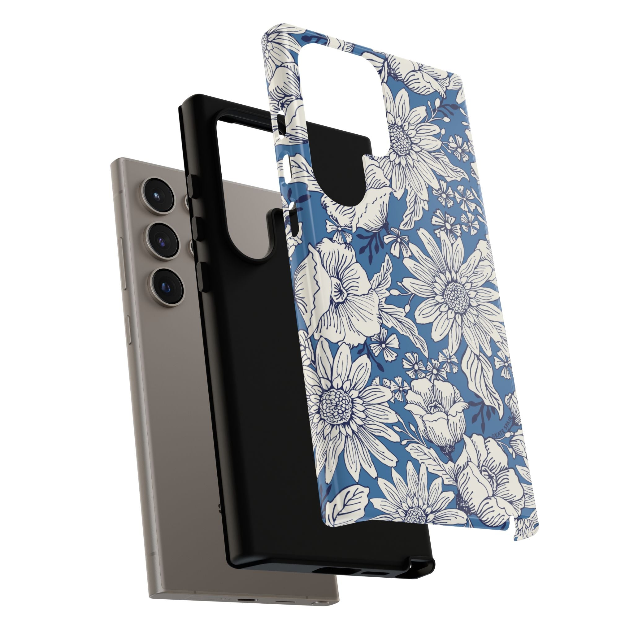 Luxury Jardin Samsung Galaxy S24 Ultra Case – Glossy | close-up of shock-absorbing layer construction of case in steel blue, white botanical daisy floral print