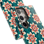 Luxury Modern Dahlia Samsung Galaxy S24 Ultra Case – Glossy | close-up of 5 lenses in camera cutout in case in teal, coral, pink, cream modern dahlia print
