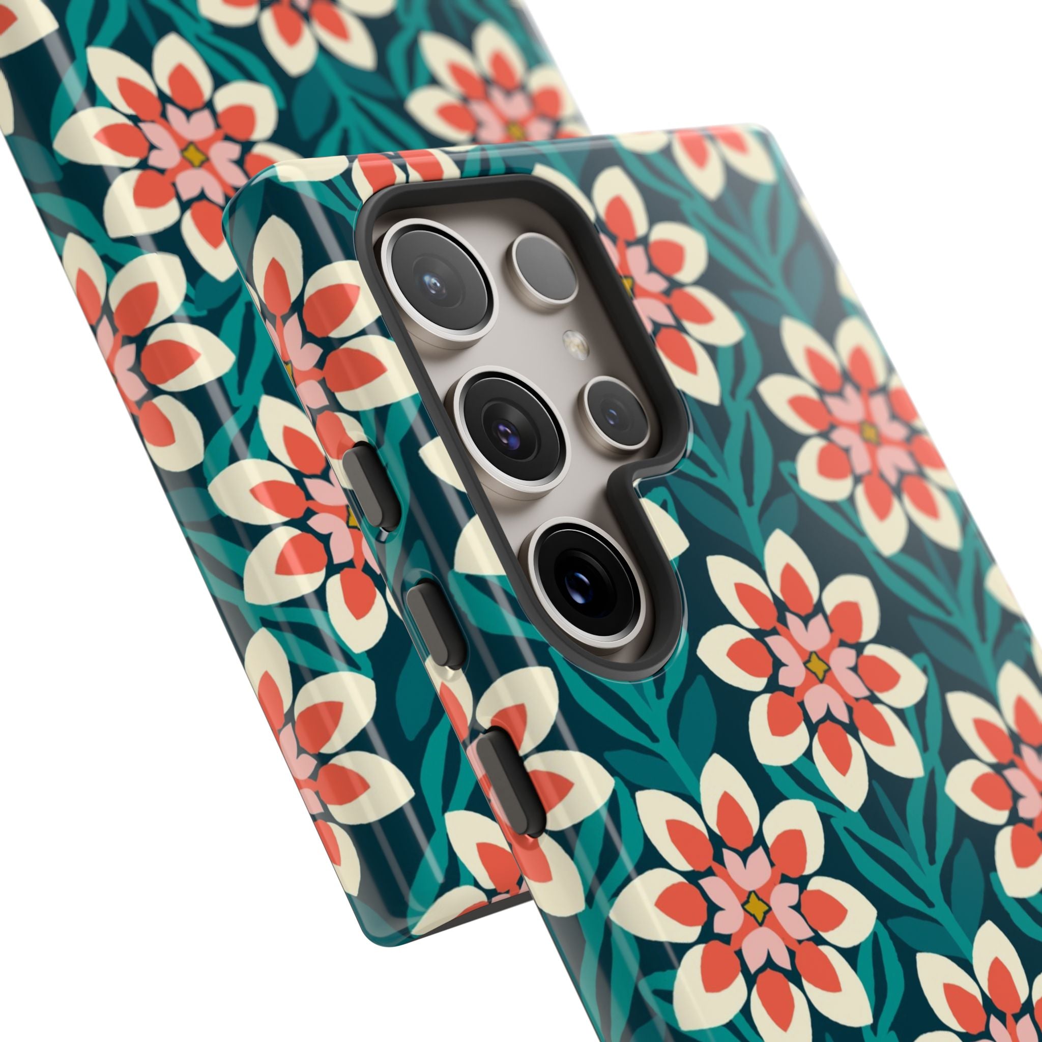 Luxury Modern Dahlia Samsung Galaxy S24 Ultra Case – Glossy | close-up of 5 lenses in camera cutout in case in teal, coral, pink, cream modern dahlia print