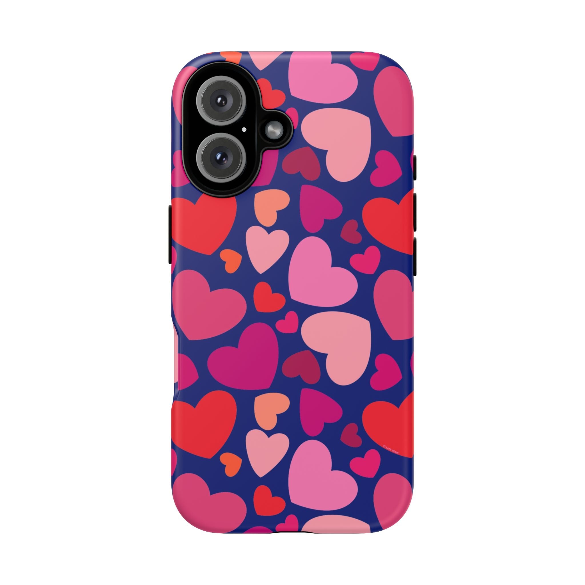 Hearts Tough iPhone 16 Case – Matte | navy, pink, red, coral scattered heart print