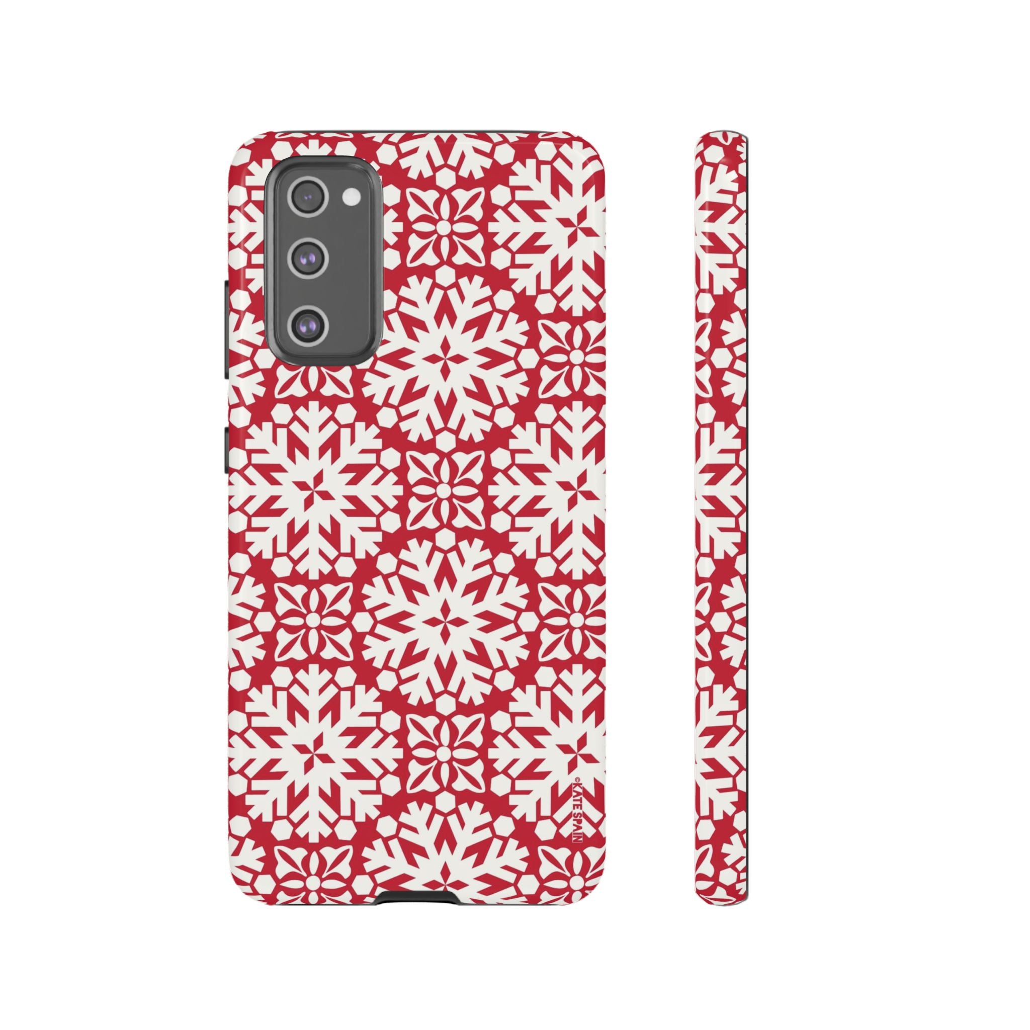 Flurry Samsung Galaxy S20 FE Case – Glossy | white, red geometric snowflake tile print