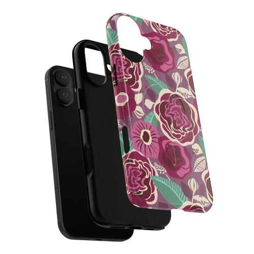 Luxury Tea Rose Burgundy MagSafe iPhone Case – exploded side view showing dual-layer construction and MagSafe magnet array | burgundy, magenta, plum botanical rose floral print