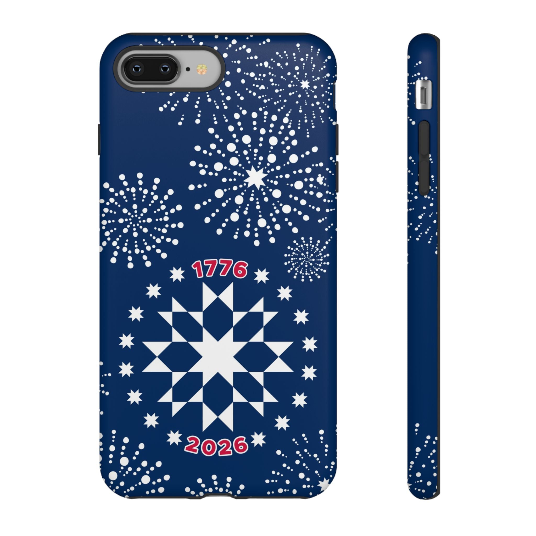 250th Fireworks Tough iPhone 8 Plus Case – Matte | navy, white patriotic star quilt fireworks print
