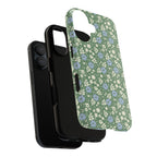 Petaline Tough iPhone 17 Plus Case – detail of camera cutout | green, blue, cream ditsy floral print