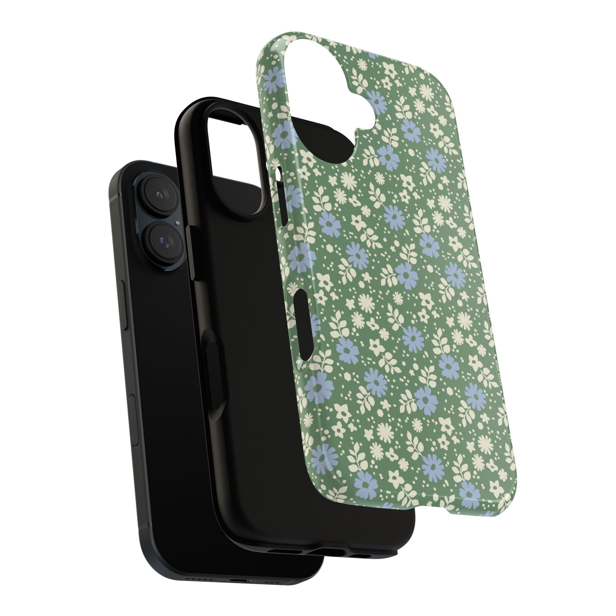 Petaline Tough iPhone 17 Plus Case – detail of camera cutout | green, blue, cream ditsy floral print