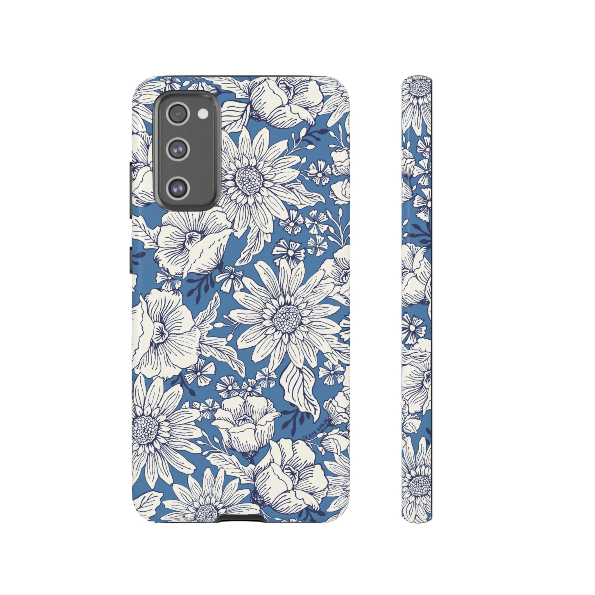 Luxury Jardin Samsung Galaxy S20 FE Case – Glossy | steel blue, white botanical daisy floral print