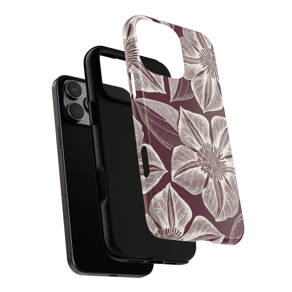 Vintage Bloom Burgundy iPhone 16 Pro Max case – Glossy | burgundy ground, large-scale cream clematis print, dual-layer case and inner lining detail with camera cutout view