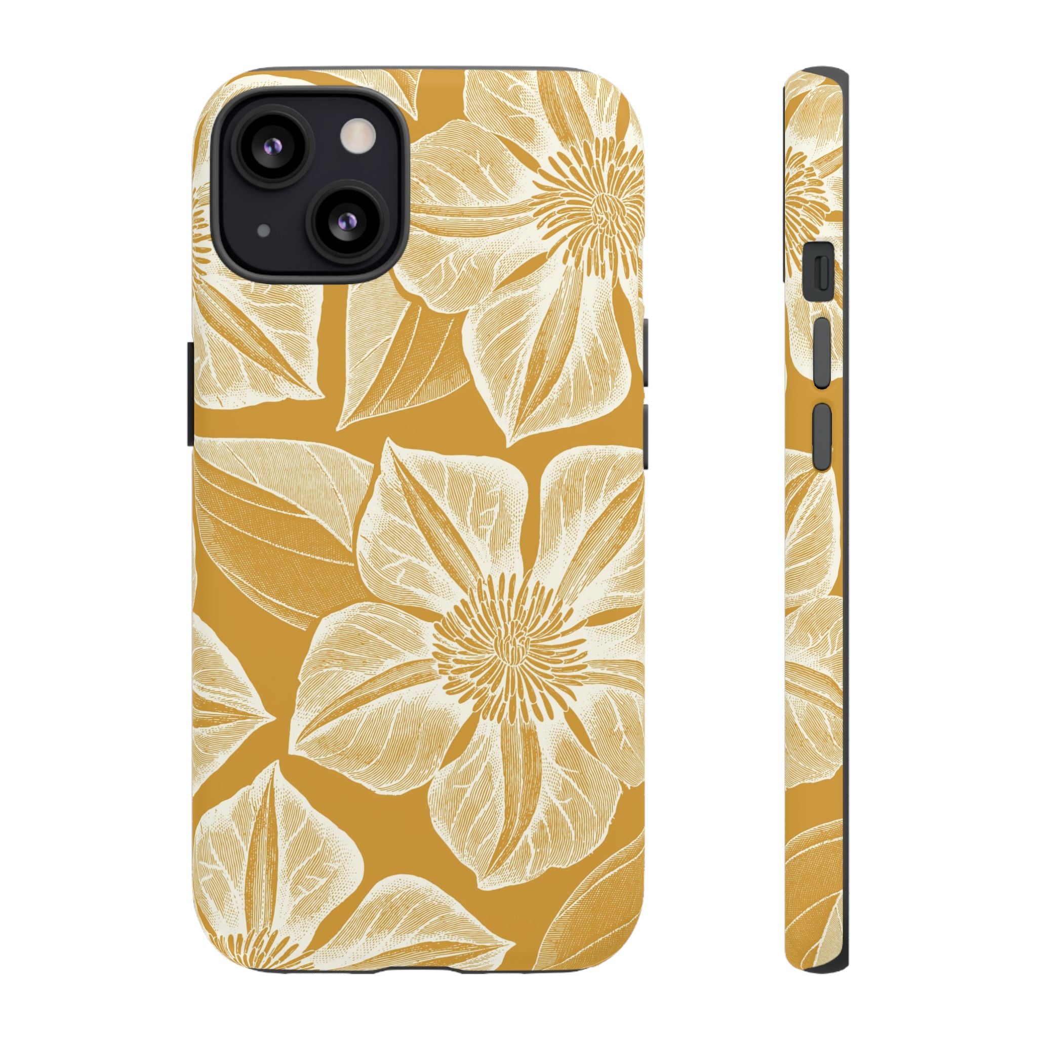 Vintage Bloom Gold iPhone 13 case – Matte | gold ground, large-scale cream clematis print, engraved petal detail, dual-layer protection
