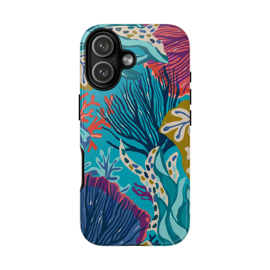 Reef Tough iPhone 17 Case – Glossy | teal, coral, navy, purple botanical coral reef print