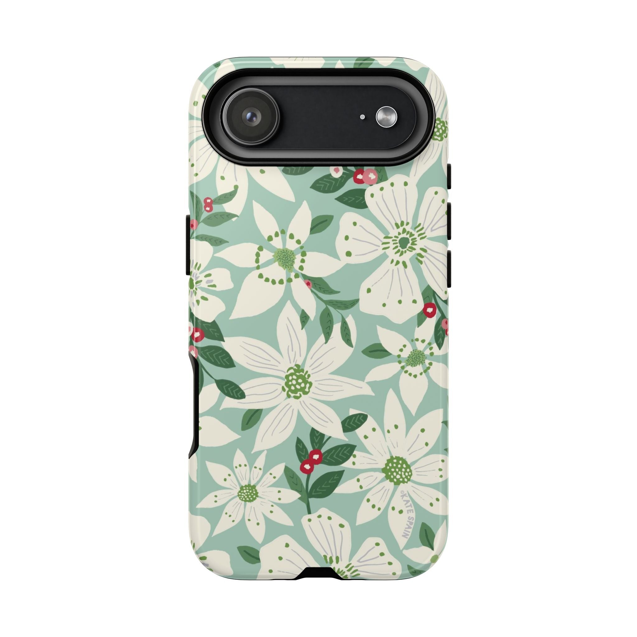 Gardenia Tough iPhone 17 Air Case – Glossy | light blue, white, green, red gardenia botanical print