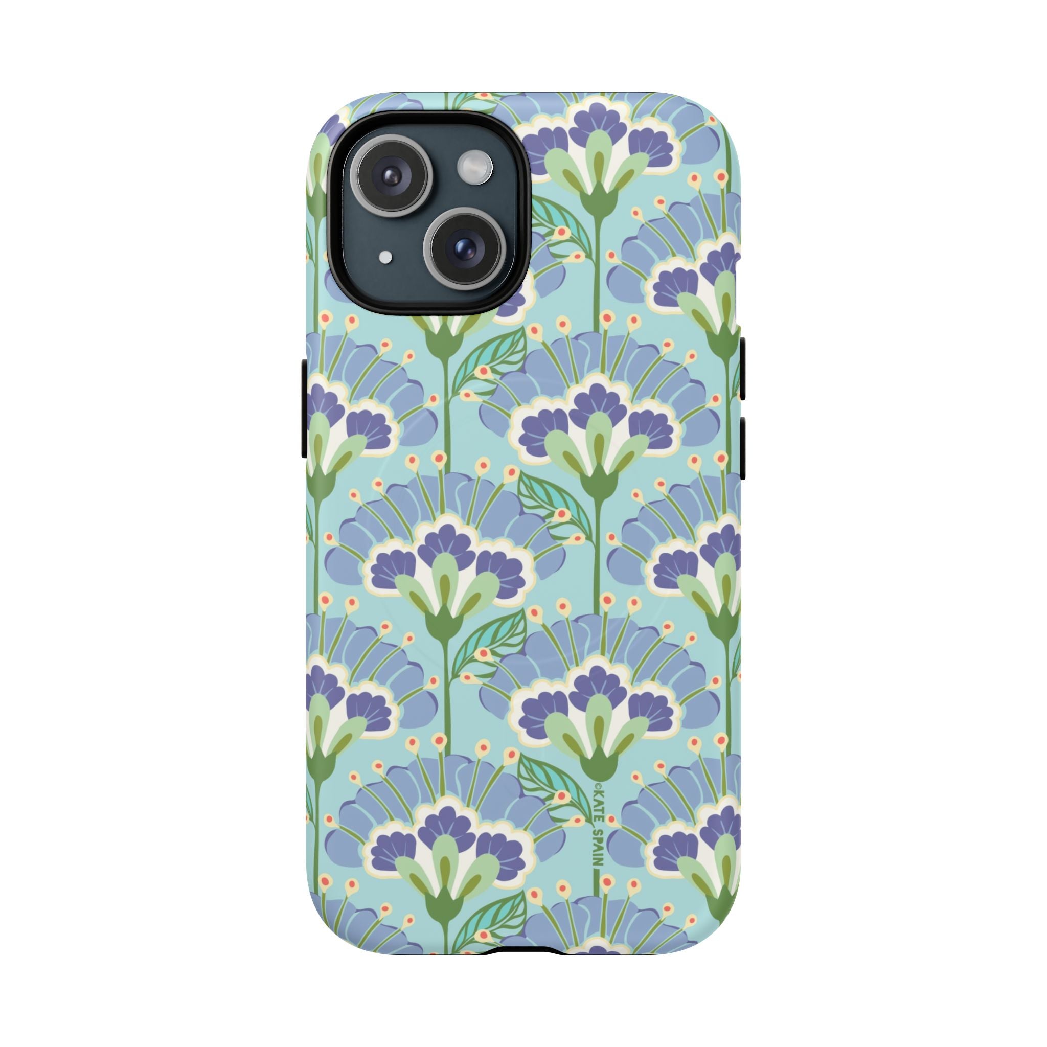 Lantern Flower MagSafe iPhone 15 Case – Matte | aqua, periwinkle, green botanical lantern floral print