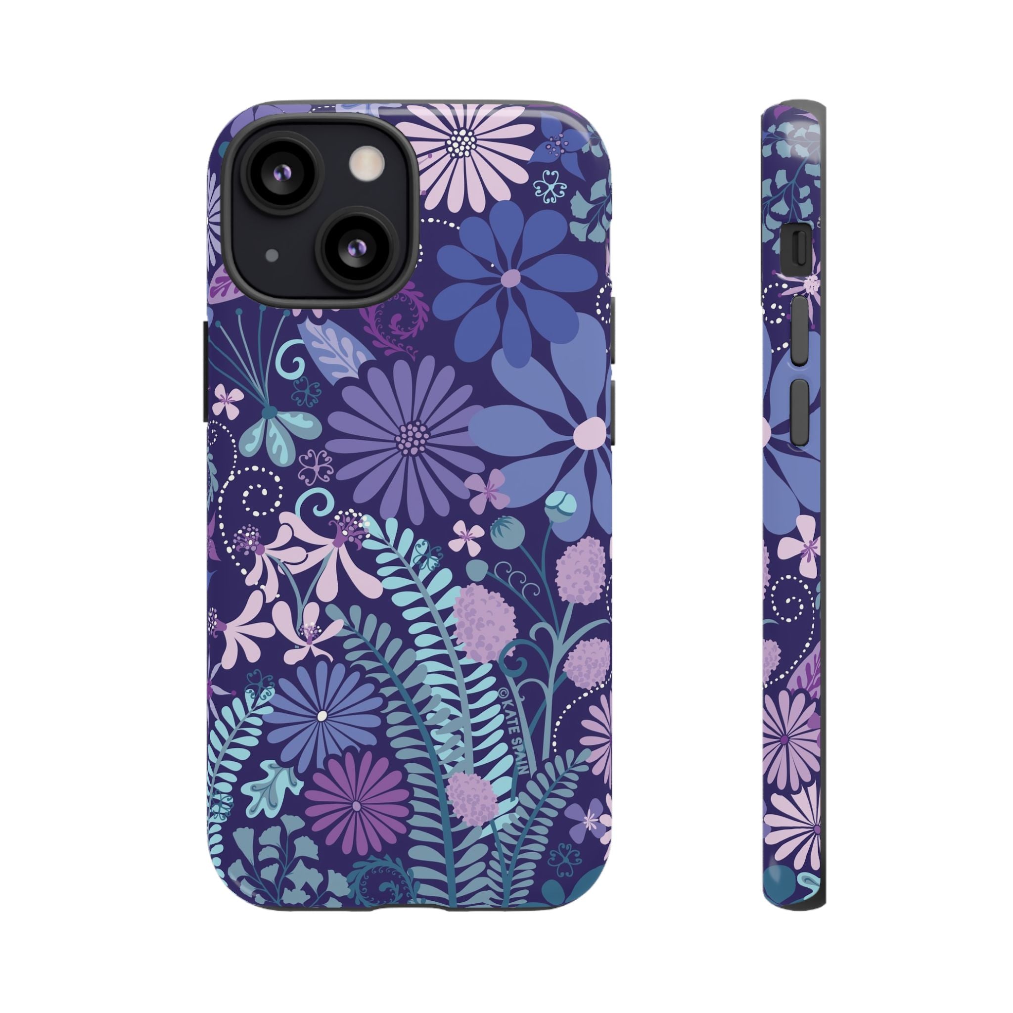 Luxury Terrain Tough iPhone 13 Mini Case – Glossy | navy, purple, aqua botanical woodland floral print