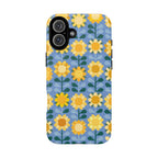 Sunflowers Tough iPhone 16 Plus Case – Matte | blue, yellow, gold geometric sunflower print