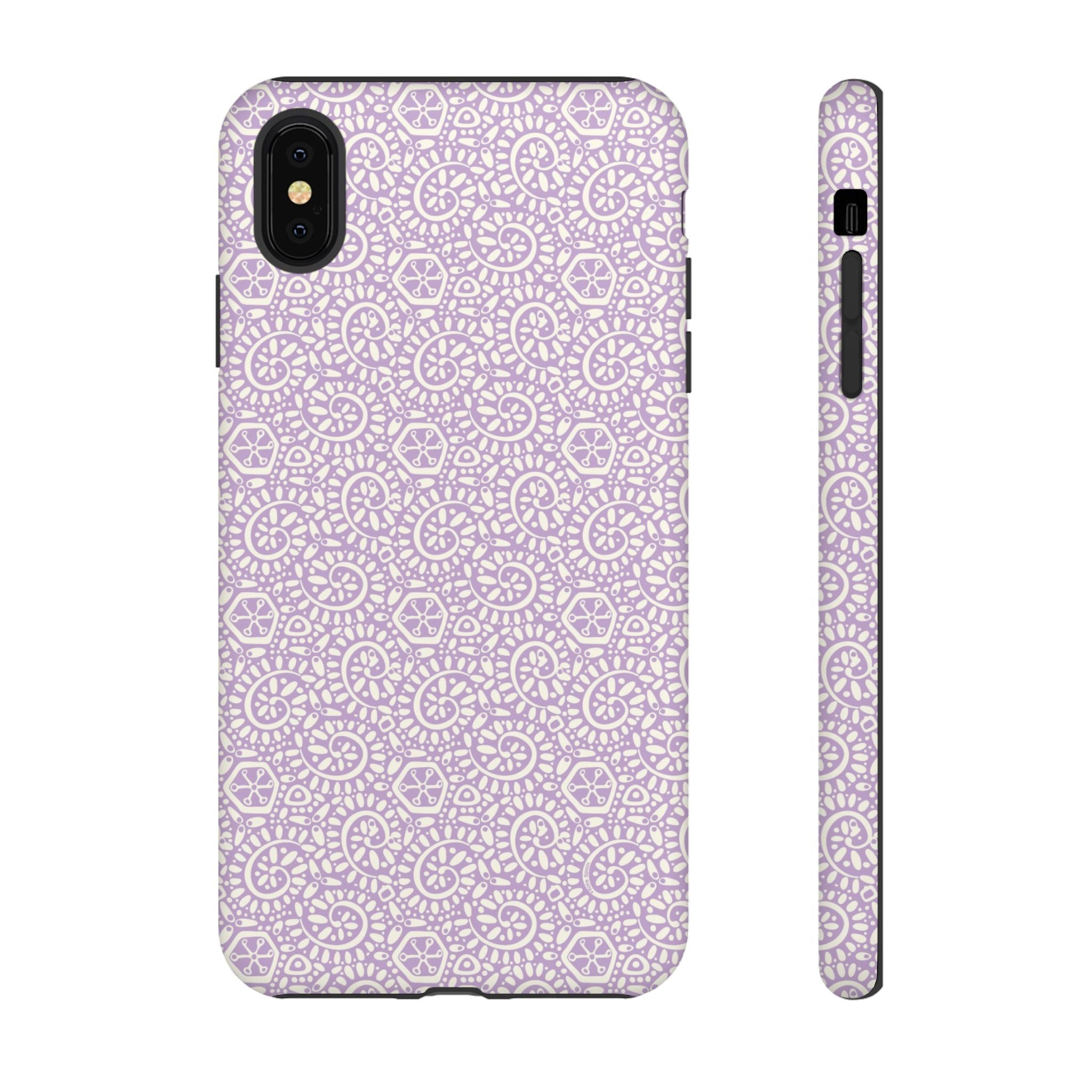 Canto Swirls Lavender iPhone XS Max Matte Case — lavender hard case covered in an intricate folk-art medallion pattern of radiating circular motifs, dot clusters, and geometric centers