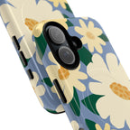 Chamomile MagSafe iPhone 17 Case – Glossy | periwinkle, cream, yellow botanical daisy floral print | angled view closeup of camera cutout and buttons