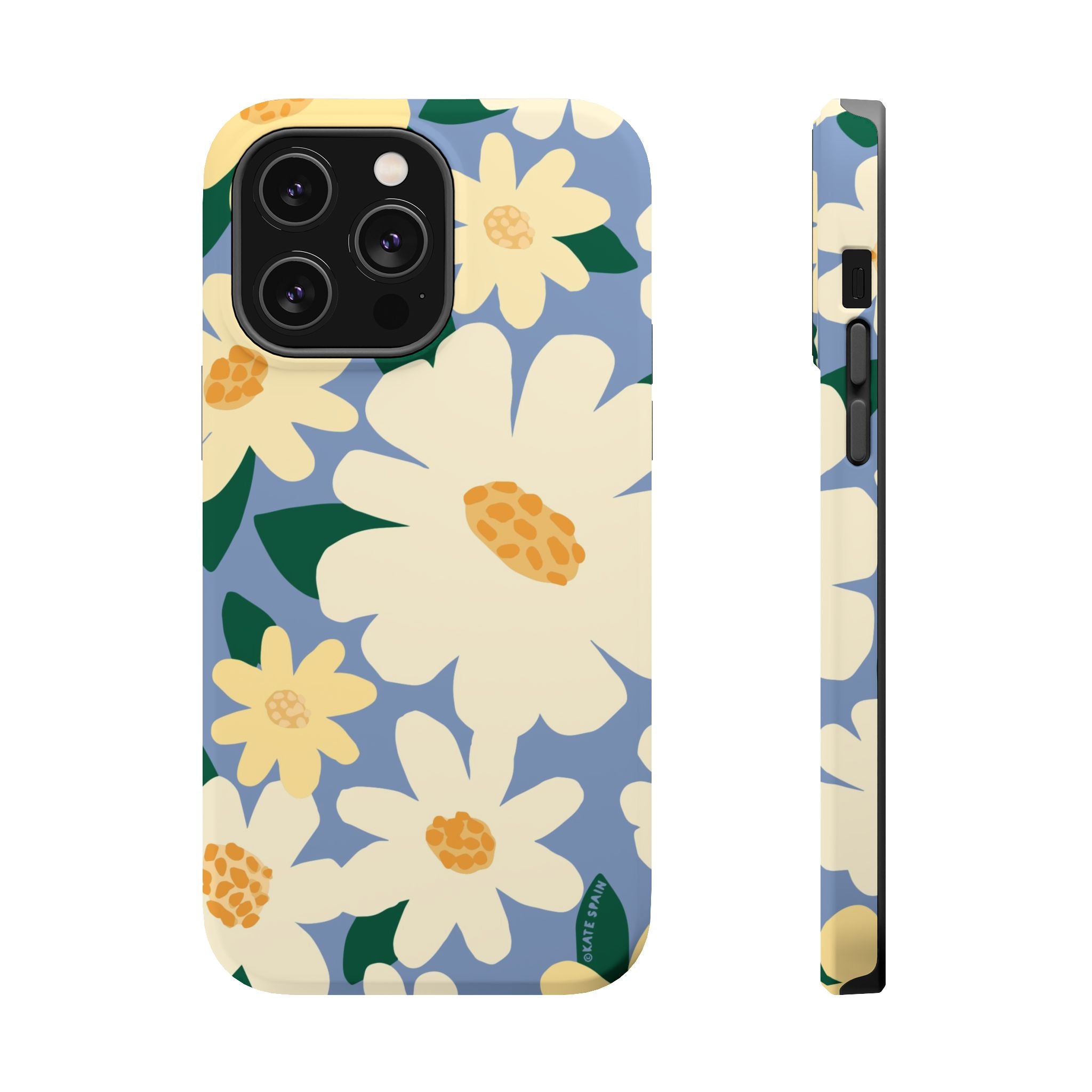 Chamomile MagSafe iPhone 14 Pro Max Case – Matte | periwinkle, cream, yellow botanical daisy floral print MagSafe compatible, dual-layer protection