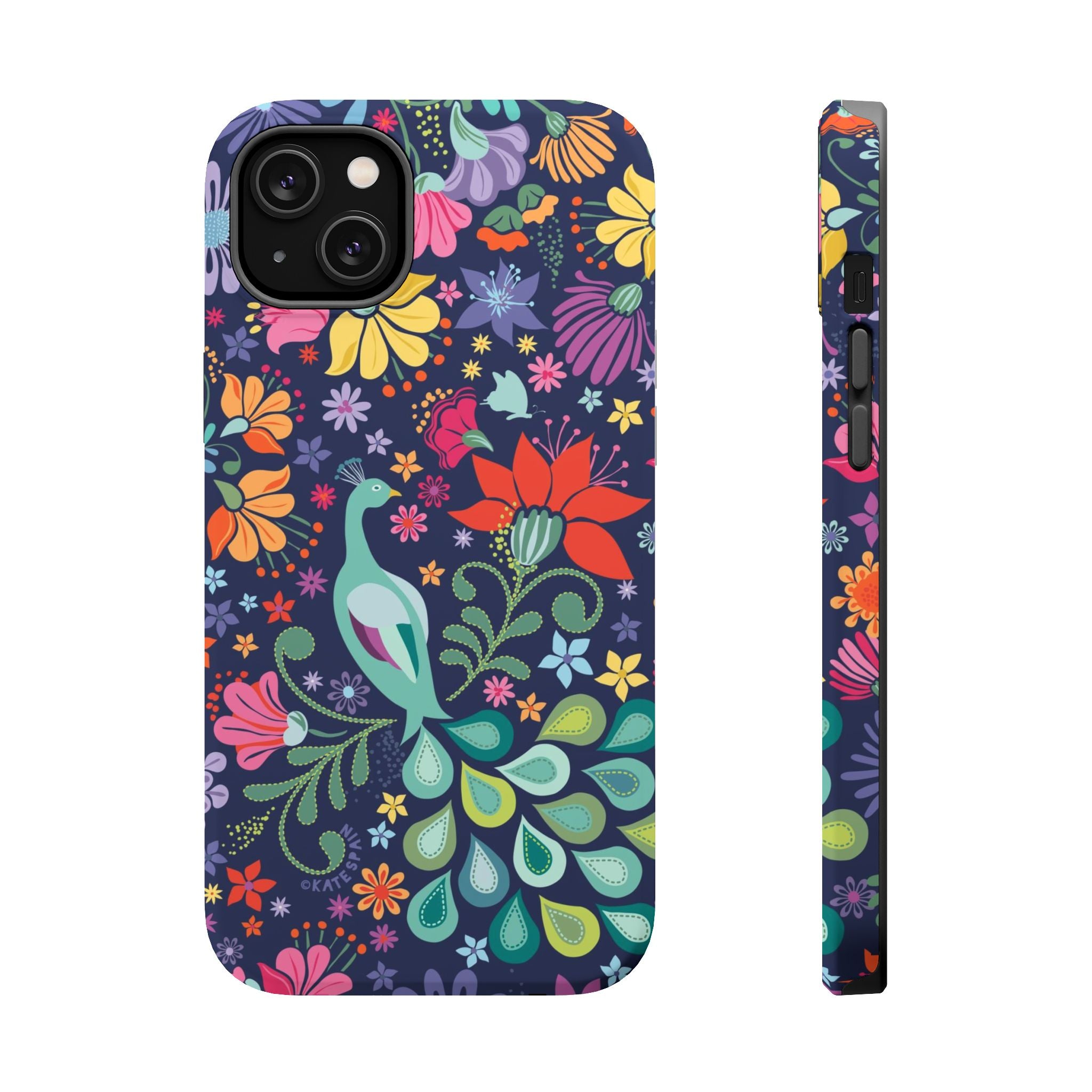 Peacock Sanctuary MagSafe iPhone 14 Plus Case – Matte | navy, teal, ivory peacock botanical print MagSafe compatible, dual-layer protection