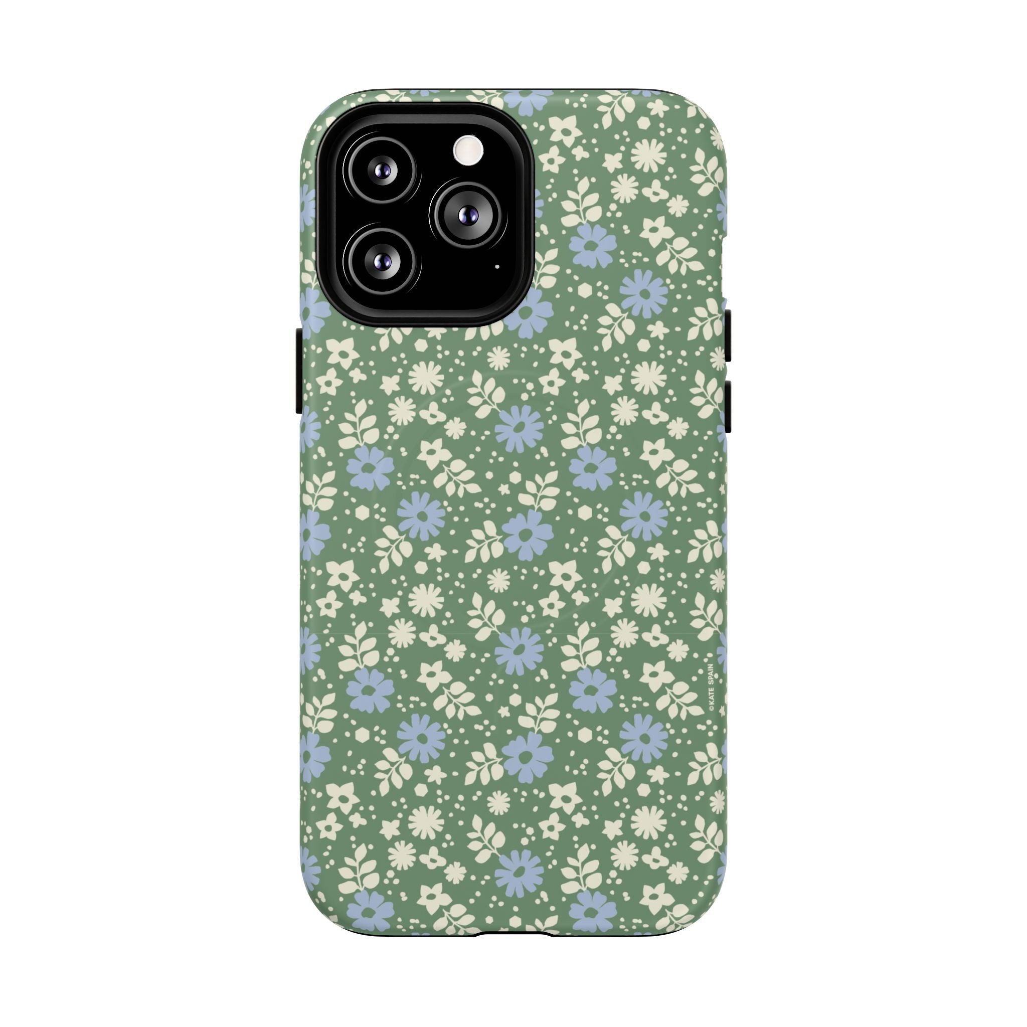 Petaline Green MagSafe iPhone 13 Pro Max Case – Matte | cream and periwinkle blue ditsy floral print on a sage green ground