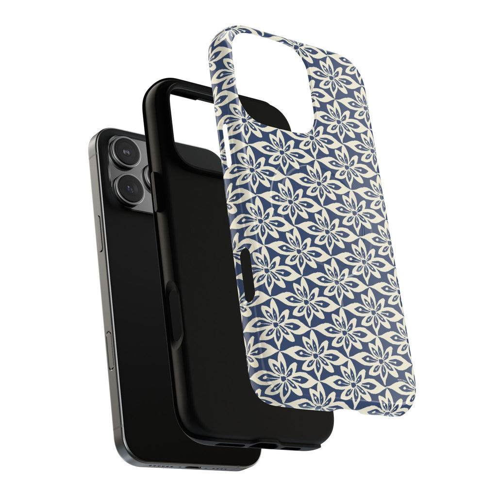 Lily Navy MagSafe iPhone 16 Pro Max Case – Glossy | angled view showing camera cutout and buttons — botanical MagSafe case by Kate Spain